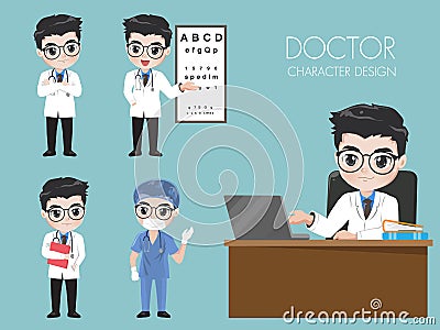 Doctors in various gestures in uniform Vector Illustration