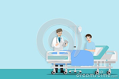 The doctors visit and treating the patient who resting on the bed in the hospital room. Medical Health care concept. Hospital ward Vector Illustration