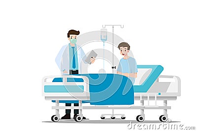 The doctors visit and treating the patient who resting on the bed in the hospital room. Medical Health care concept. Hospital ward Vector Illustration