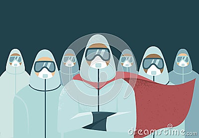 Doctors wearing full protective gear in superhero cape. Medical staff during coronavirus COVID-19 disease outbreak Vector Illustration