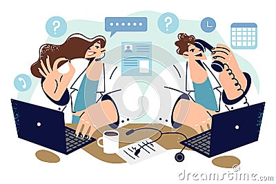 Doctors work in telemedicine industry and sit with laptops, consulting patients over phone Vector Illustration