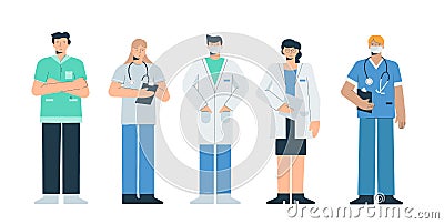 Doctors in working uniforms set. Doctors fearing with coronovirus. Vector Illustration