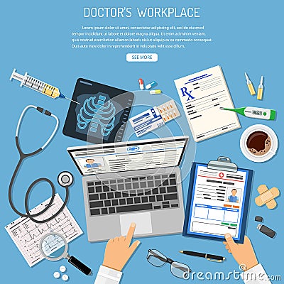 Doctors Workplace and Medical Diagnostics Concept Vector Illustration