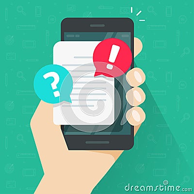 Document with alert or error notification bubble on mobile phone or cellphone vector, flat cartoon paper text file Vector Illustration