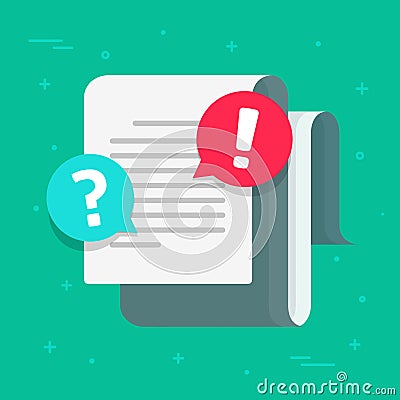 Document and alert or error notification bubble vector icon, flat cartoon long paper text file content with exclamation Vector Illustration