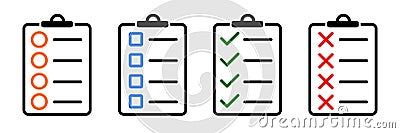 Document with approval check mark icon, quality sign. Task done sign, tick symbol. Set clipboard icons isolated. Checklist Vector Illustration