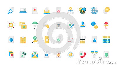 Document approval flat icons set, certificate of quality guarantee, seal and stamp. Vector Illustration