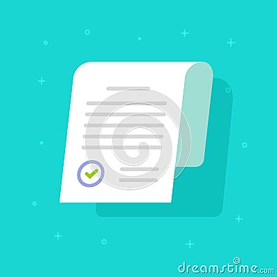 Document approved stamp vector icon, flat cartoon paper doc application page with approval seal and text, idea or legal Vector Illustration