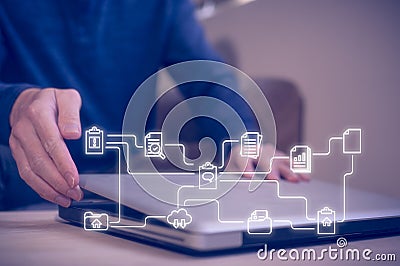 Document data system Report HR technology Concept, Man open or closing computer laptop with document icons Stock Photo