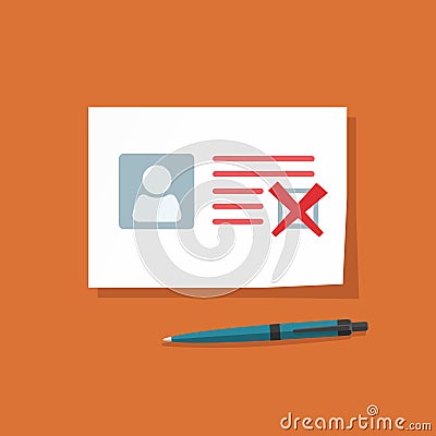 Document with declined checkmark vector illustration, personal data doc with failed checkbox Vector Illustration