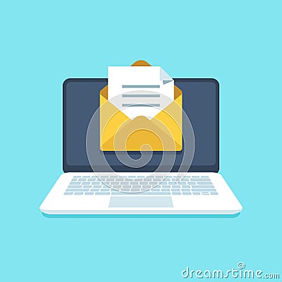 Document email on notebook. Mail letter with documents for signing on computer screen. Inbox notification vector illustration Cartoon Illustration