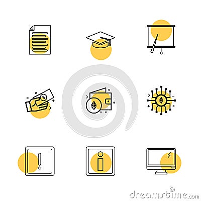 document , file , convocation cap , board , chart , monitor , ic, wallet , money , exclimination , 9 eps icons set vector Vector Illustration