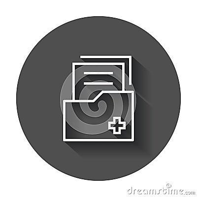 Document flat vector icon. Archive data file symbol logo illustration on black round background with long shadow. Vector Illustration