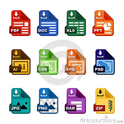 Document icon file extension download vector set. Stock Photo