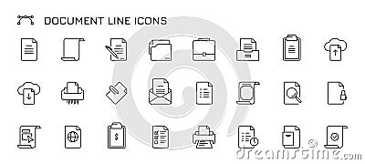 Document line icons. Thin paper and envelope with stamp, legal agreement and contract, paper with signature and seal Vector Illustration