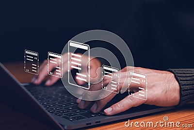 Document manage service information workflow, digital online document system, document management concept, database and digital Stock Photo