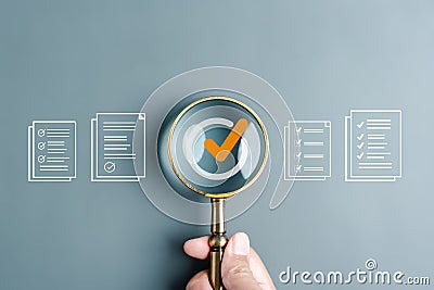 Document Management Checking System, online documentation database and process manage files, Magnifier check and focus to document Stock Photo