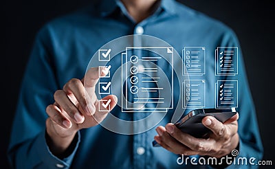 Document Management Checking System, online documentation database and process manage files, Magnifier check and focus to document Stock Photo