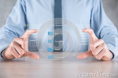 Document management concept. Virtual screen icons Document Management System DMS Online document database, software for efficient Stock Photo