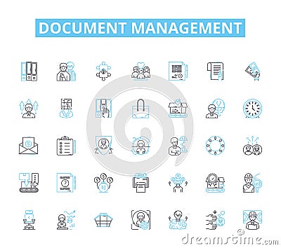 Document management linear icons set. Organization, Efficiency, Automation, Security, Workflow, Collaboration, Audit Vector Illustration