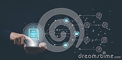 Document Management System DMS. Archiving software for business file, Businessman touch folder document Management System, onlin Stock Photo