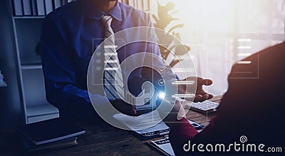 Document management system DMS. Assessment form, questionnaire, checklist and clipboard task management. Businessman working on Stock Photo
