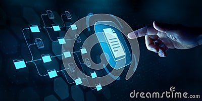 Document management system DMS and business process automation technology. Finger touching document icon on virtual screen. File Stock Photo