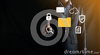 Document Management System DMS .Businessman hold folder and document icon.Software for archiving, searching and managing corporate Stock Photo