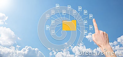 Document Management System DMS .Businessman hold folder and document icon.Software for archiving, searching and managing corporate Stock Photo