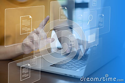 Document Management System DMS Online Document Database and automated processes to manage files, knowledge, and documents in an Stock Photo