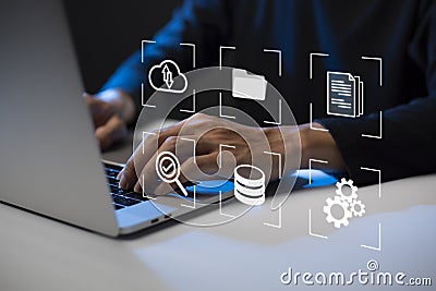 Document Management System DMS Online Document Database and automated processes to manage files, knowledge, and documents in an Stock Photo