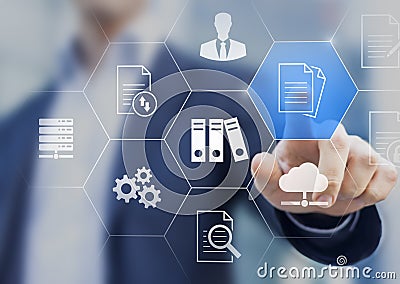 Document Management System DMS used to store, search and manage review process and users for corporate files and information in Stock Photo