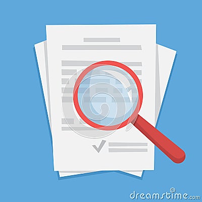 Document paper sheet with magnifying glass on it Vector Illustration