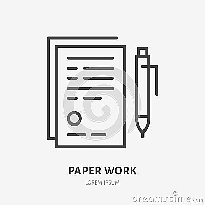 Document with pen flat line icon. Sign paper vector illustration. Thin sign of legal contract, agreement, paperwork Vector Illustration
