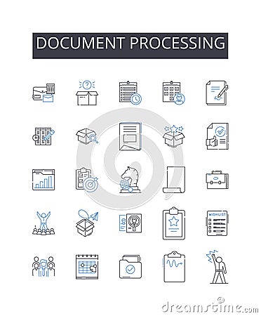 Document processing line icons collection. Digital, Imaginary, Simulated, Cyber, Online, Augmented, Unreal vector and Vector Illustration