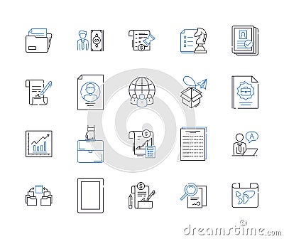 Document processing outline icons collection. Documentation, Processing, Editing, Scanning, Creating, Sharing Vector Illustration