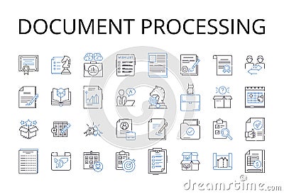 Document processing line icons collection. Report analysis, File management, Data manipulation, Record keeping Vector Illustration