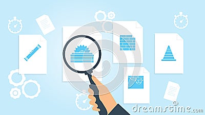 Document with search icons. File and magnifying glass. Analytics research sign. Vector Illustration, building, cone file, document Cartoon Illustration