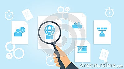 Document with search icons. File and magnifying glass. Analytics research sign. Vector Illustration skills, users file, document Cartoon Illustration