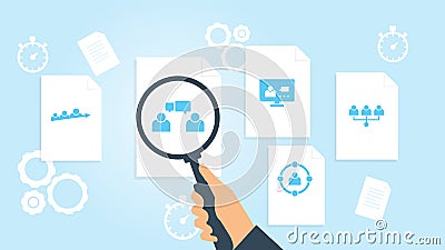 Document with search icons. File and magnifying glass. Analytics research sign. Vector Illustration team, users, avatars file, Cartoon Illustration