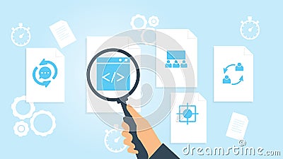 Document with search icons. File and magnifying glass. Analytics research sign. Vector Illustration users, avatars, refresh file, Cartoon Illustration