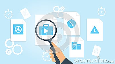 Document with search icons. File and magnifying glass. Analytics research sign. Vector Illustrationarrow down pyramid file, Cartoon Illustration