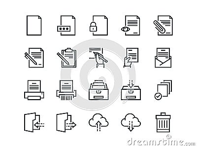 Document. Set of outline vector icons. Includes such as Printer, Shredder, Folder, Archive, Handwriting and more. Vector Illustration