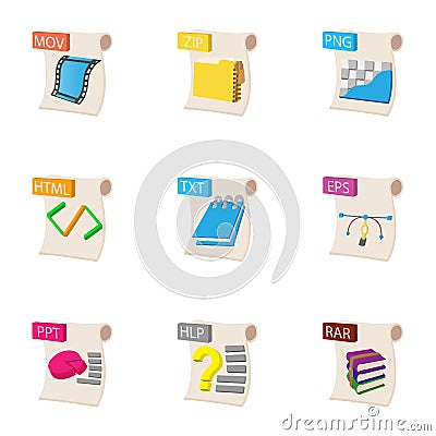 Document types icons set, cartoon style Vector Illustration