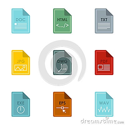 Document types icons set, flat style Vector Illustration