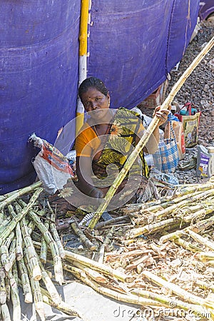 Documentary editorial. PUDUCHERY, PONDICHERY, TAMIL NADU, INDIA - March circa, 2018. Unidentified woman cutting preparing a sugar Editorial Stock Photo