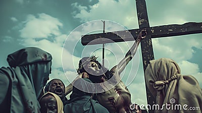 Documentary image style of the crucifixion scene on Calvary. Capture Jesus Christ on the cross. Stock Photo