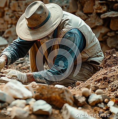 Documentarystyle image of an archaeologist uncovering ancient artifacts at a dig site connecting the past with the present through Stock Photo