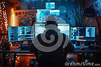 Docum a hacker working in a dimly lit room surrounded by multiple screens displaying code exploring the darker Stock Photo