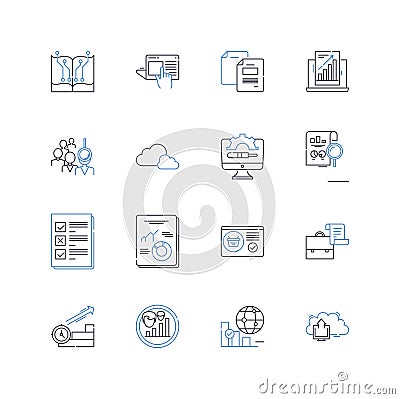 Documentation and instruments line icons collection. Archives, Binders, Booklets, Briefs, Bulletins, Certificates Vector Illustration